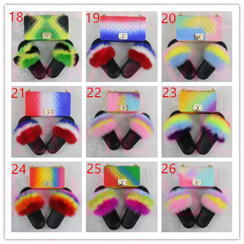 
mommy and me kids colorful girls fanny packs jelly bags purse pures set bulk and with matching fur sandals slides slippers 