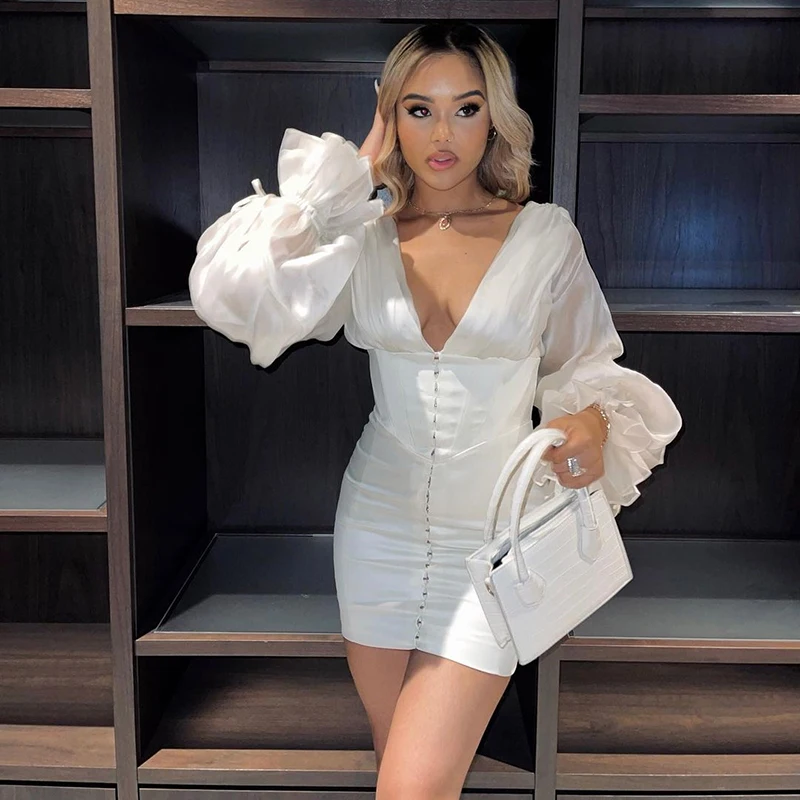 2021 Summer Deep V Neck Lantern Sleeve Boned Corset Xs Clothing Elegent Fancy Satin Spring Casual Dresses Women Trendy