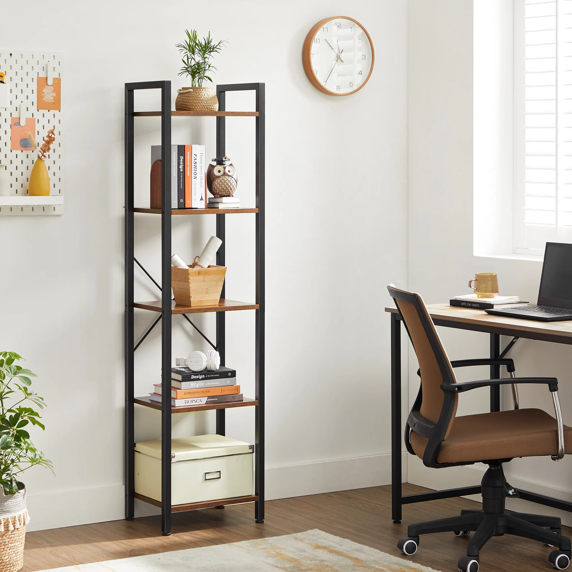 VASAGLE Wholesale 5 tiers Office bookcase with ladder Storage corner book case bookshelf wood modern