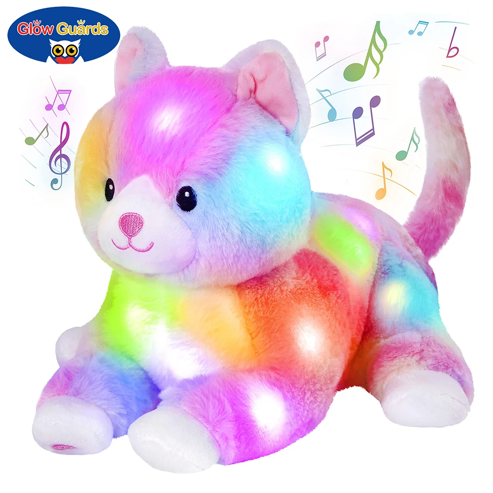 Glow Guards 13' Lying Light up Cat Plush Toy Rainbow Kitty Soft Stuffed Bed Night Light Birthday for Toddler Kids