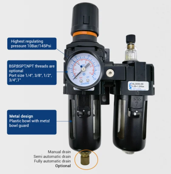 AC Series Aluminum Alloy Air Filter Regulator Lubricator Unit FRL Air Preparation Air Compressor Filter Regulator