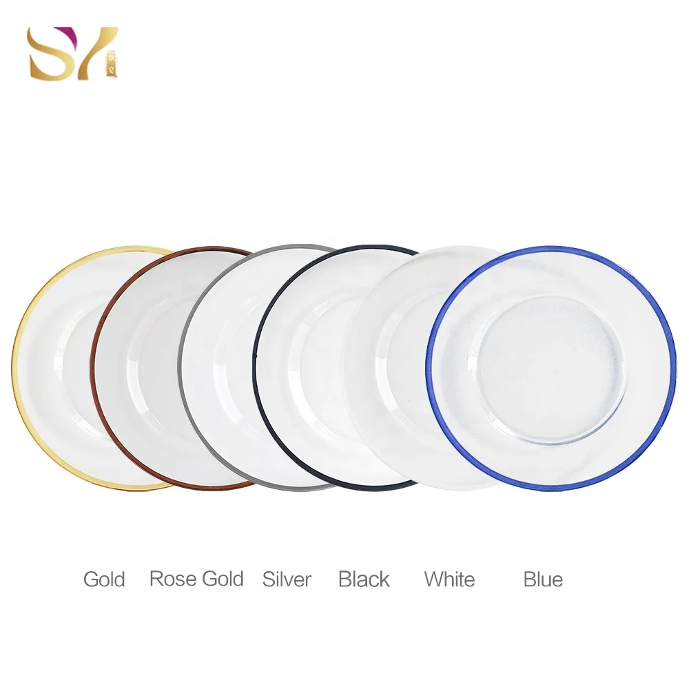 wholesale white/black/silver/rose gold rim glass charger plates clear dinner plate set for wedding reception