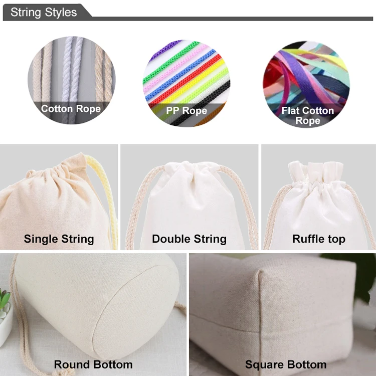 High quality 100% small large fair trade linen organic custom print muslin cotton canvas drawstring bag white