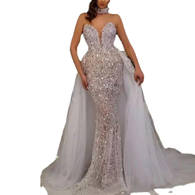 Nanchang Auyan Dress Sequins Fishtail Sleeveless Long Gauze Rustic Wedding Dresses Pictures Gown Evening Fabric For Bride