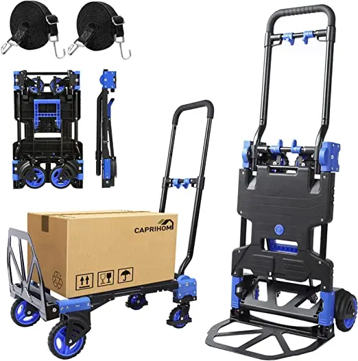Folding Hand Truck Heavy Duty Dolly Cart with Bungee Rope Convertible Portable 2 in 1 Enclosed Handcart with Retractable Handle