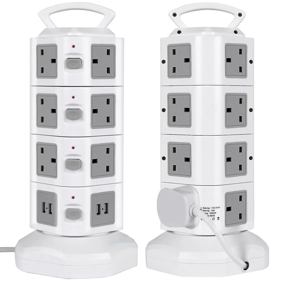 Tower Extension Lead with USB Slots, Surge Protected Multi Plug Extension 14 AC Outlets & 4 USB Ports Power Strip
