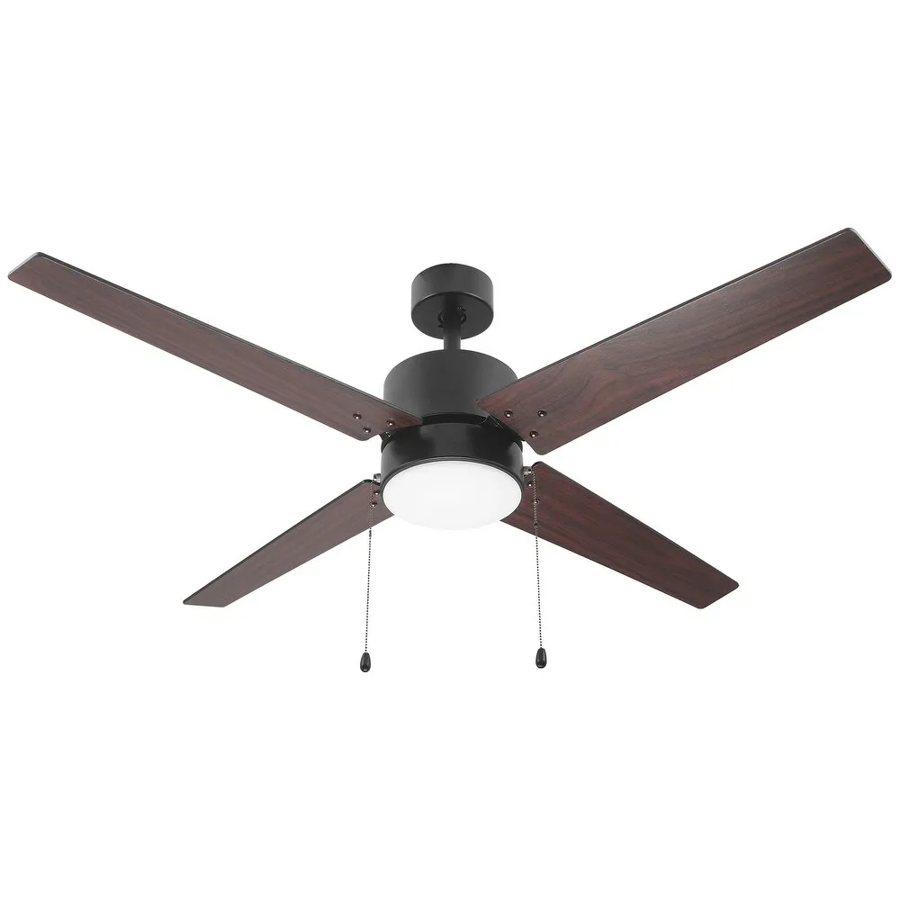 Rod Mount 4 Blades 52 Inch Ceiling Fan With Light and Pull Chain 120VAC 22W LED 3000K, Non Dimmable, Black Finish 3 Speeds, ETL
