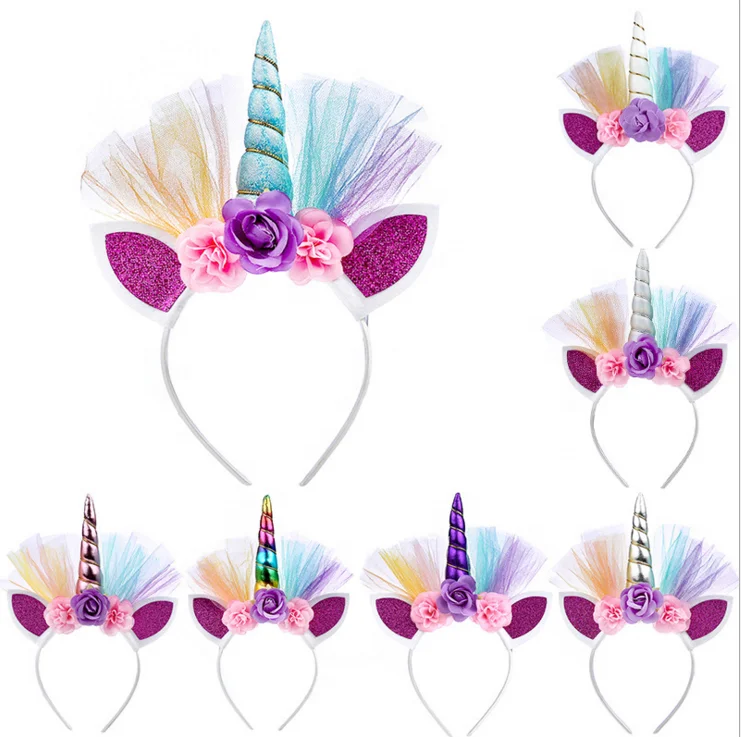 Kids Hair Band Accessories Flower Rainbow Unicorn Headband For Party Birthday Decorations