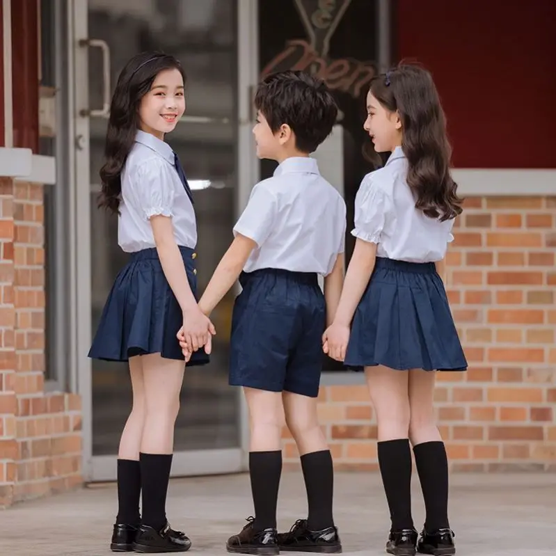 RG-Hot Sale summer boys and girls shirts tops suits 2 pcs sets children school uniform design