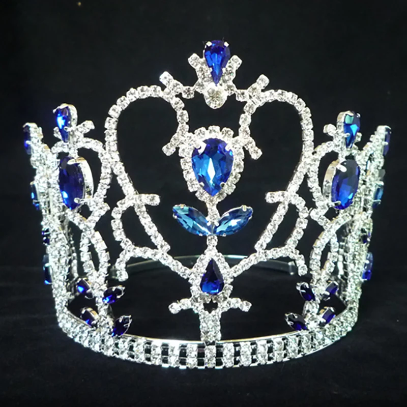Wholesale Queen Princess Tiara Blue and Clear Rhinestones Crystal Handmade Crown Bridal Prom Pageant Party Costumes