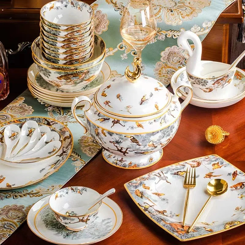 King of the forest bowls and dishes set Jingdezhen ceramic bowls, plates and chopsticks household bone china tableware