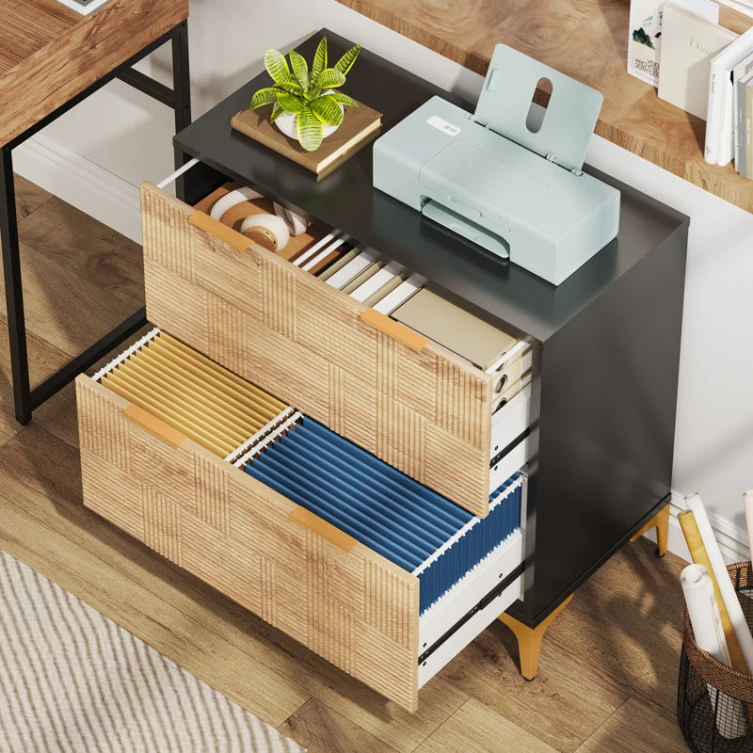 24 Years Factory Direct Modern Farmhouse 2 Drawers Ribbed Fluted Design File Cabinet in Oak and Gold Metal Leg