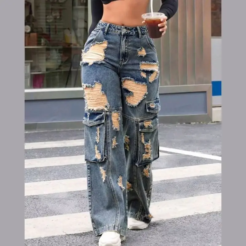 Factory Direct100% Cotton Jeans High Street Women Baggy Trousers High Rise Multi Pockets Faded Washed Denim Wide Leg Cargo Jeans