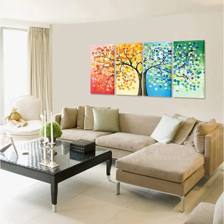 Custom 4 Seasons Colorful Lucky Tree Painting Canvas Wall Art Abstract Contemporary Oil Paintings for Living Room Decoration