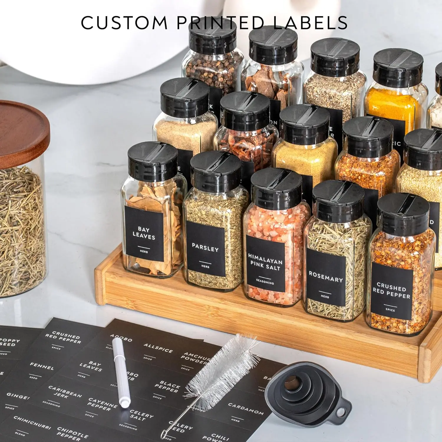 Glass Jars with Minimalist Black Spice Labels, Black Plastic Shaker Lid Dispenser White Chalk Marker Cleaning Brush and  Funnel