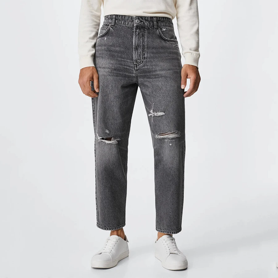 Custom Material Hip Hop Street Wear Loose 100%Cotton Destroyed Raw Seam Jeans Men