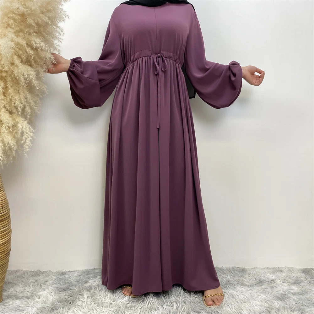 6692# New solid color closed abaya long sleeve modest muslim pregnancy abayas with front zip attached small string belt 6 colors