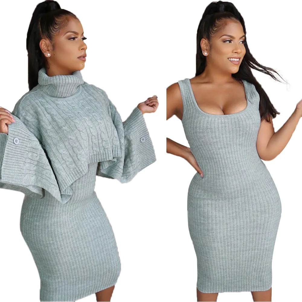 
Warm turtleneck sleeveless sexy party sweater set women two piece suit high collars sweater dress lady 