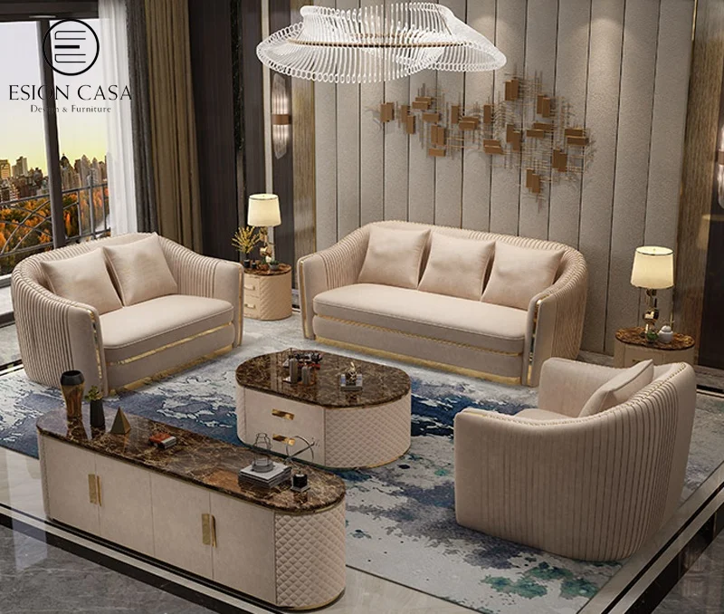 ESION CASA modern Italian genuine leather Sofa Set Designs Luxury 3 Seater Sofa Gold Luxury Living Room Furniture Set Sofa
