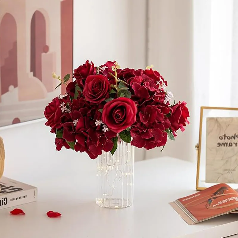 14.2 inch Diam Burgundy Artificial Flowers Roses Balls Fake Silk Rose Arrangements Flower Wedding Centerpieces