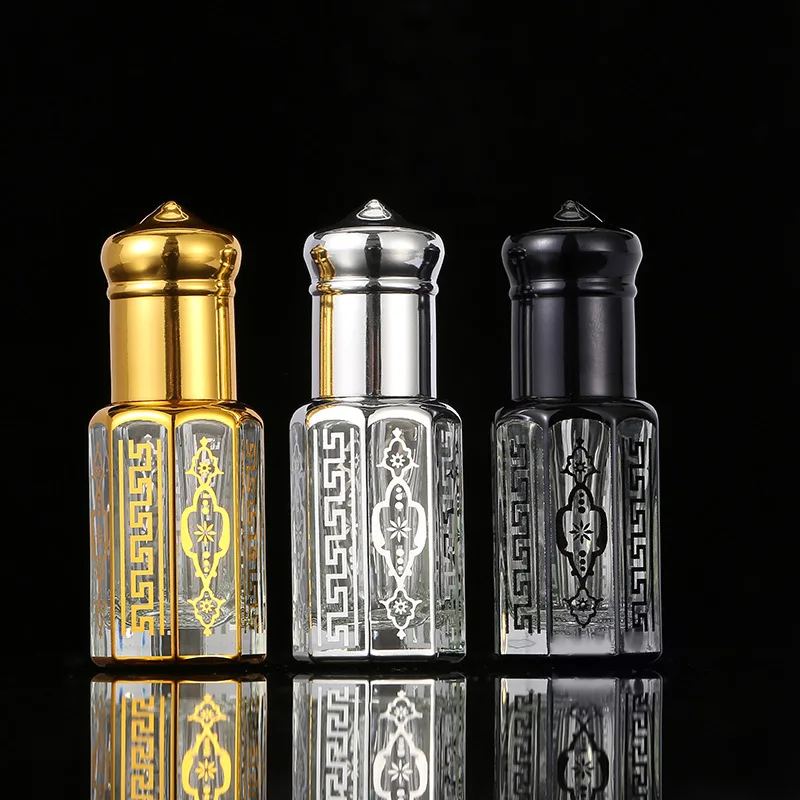 Pujiang ADLArabic Gold Alloy Custom Engraving 3ml 6ml 12ml Fancy Attar Crystal Glass Perfume Essential Oil Bottles With Gold Cap