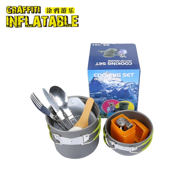 Portable picnic barbecue outdoor picnic pot cooker set pot bowl spoon and gas stove Camping Hiking cooker