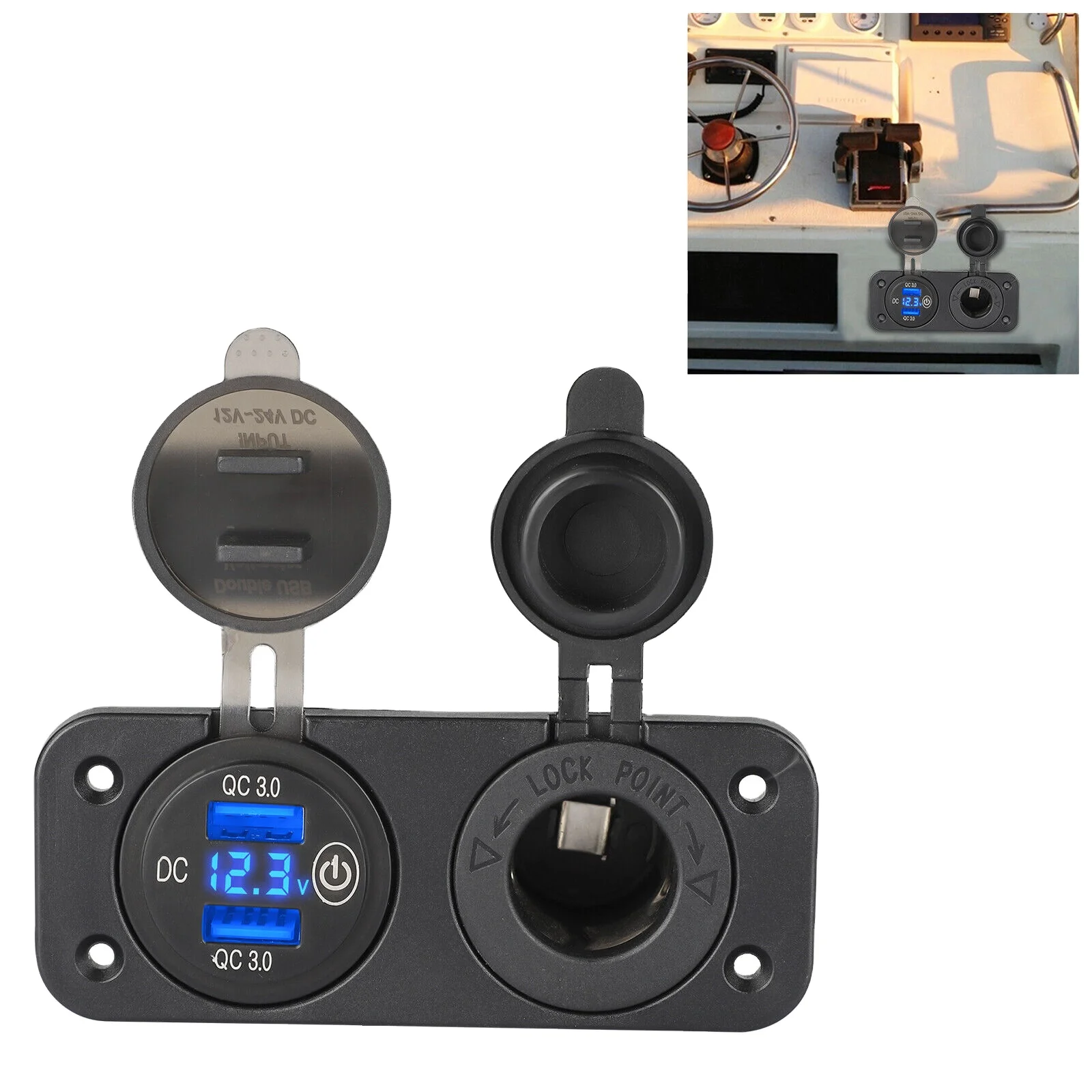 Cigarette Lighter Socket 12V USB Outlet Quick Charge 3.0 Dual USB Car Port with LED Voltmeter and 200W Car Adapter