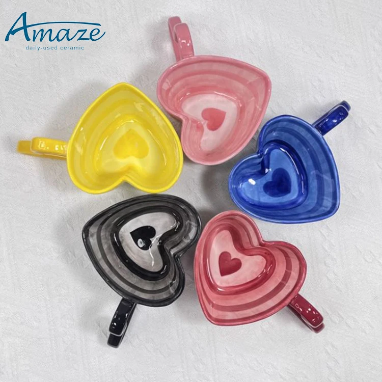 Custom hand painting stripe heart shape tea mug custom color creative ceramic coffee mug with heart shape handle