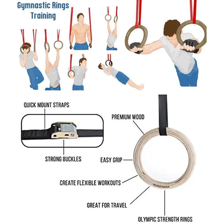 Outdoor Fitness Equipment Adjustable Strap Core Strength Exercise Gymnastic Wooden Gym Rings
