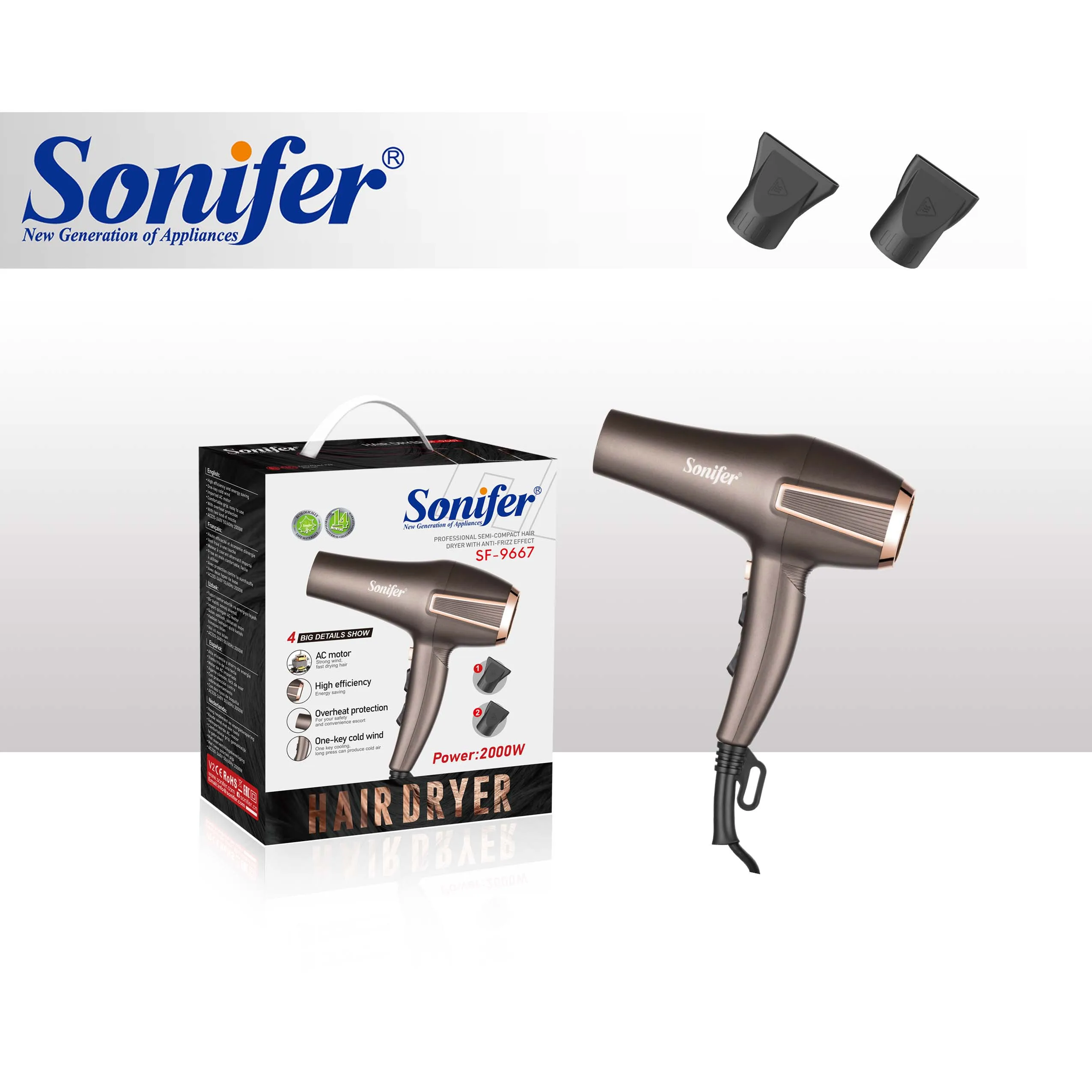 Sonifer SF-9667 220V-240V 2000W High Efficiency AC Motor Hair Dryer Wit Anti-effect Hair Drier
