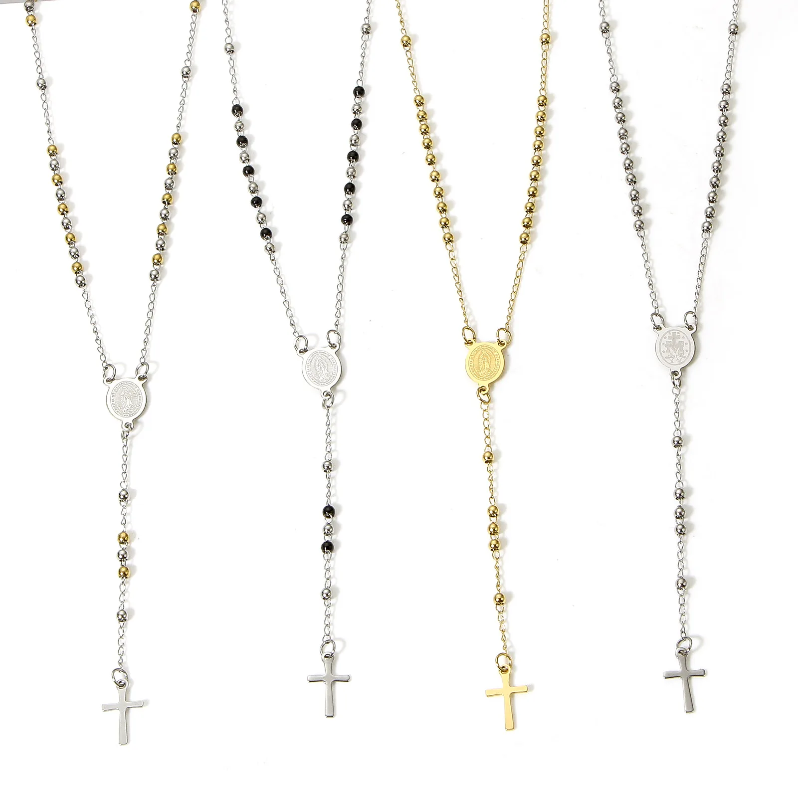 304 Stainless Steel Handmade Link Chain Necklace Religious Cross Virgin Mary Charms Necklace For Women Men Gift 53cm Long 1Piece