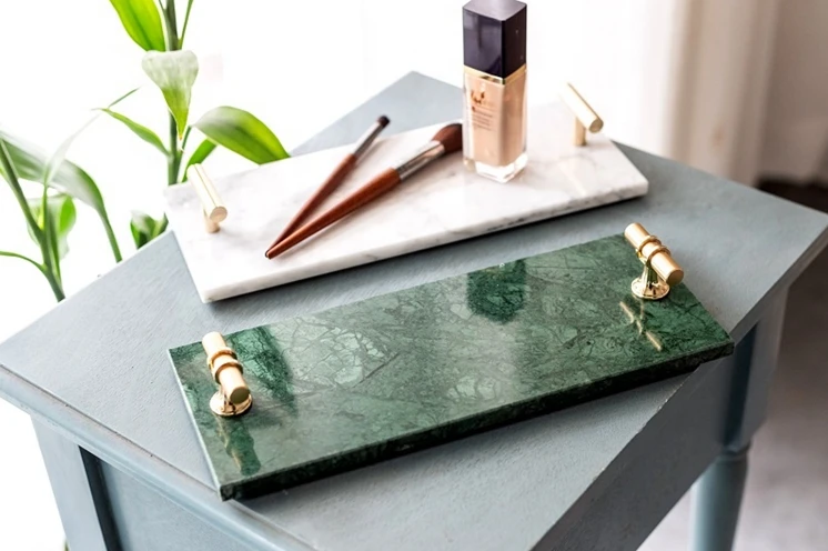 Square Marble Decorative Serving Tray Multifunctional Tray Dryer With Golden Handle