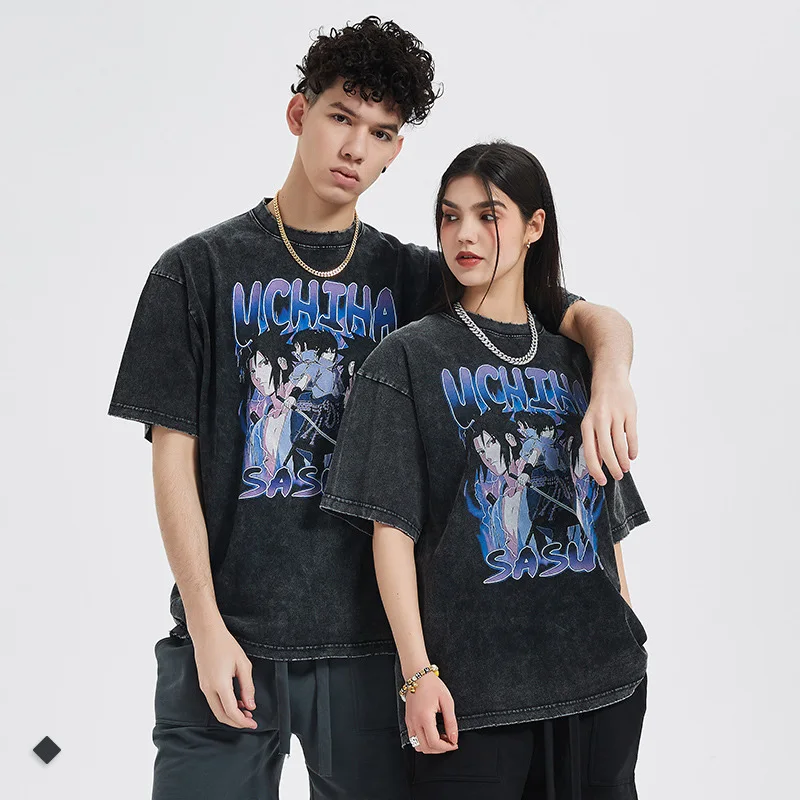 Harajuku Japan Style acid wash gray loose male graphic t-shirt anime game print pure cotton male short sleeves