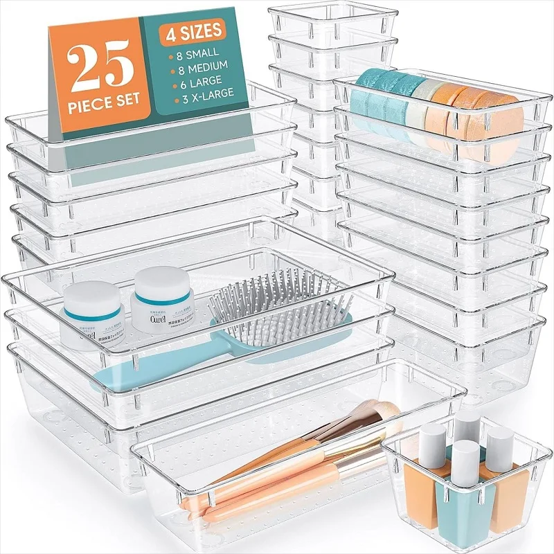 Eco-Friendly 25 PCS Clear Plastic Drawer Organizer Set 4 Sizes Desk Drawer Divider Storage Bins for Cosmetics Jewelry