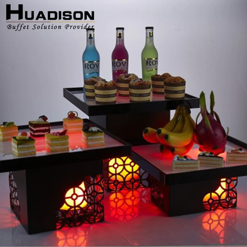 Huadison promotion price deluxe cafeteria equipment 3 tier rectangular food serving platter buffet food display stand