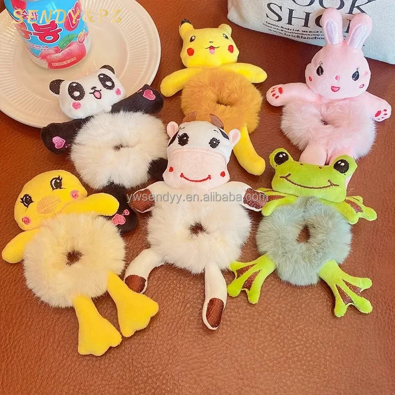 Korean Cartoon Winter Animal Plush Hair Scrunchies Cute Rabbit Cat Panda Creative Children Hair Ties Wholesale