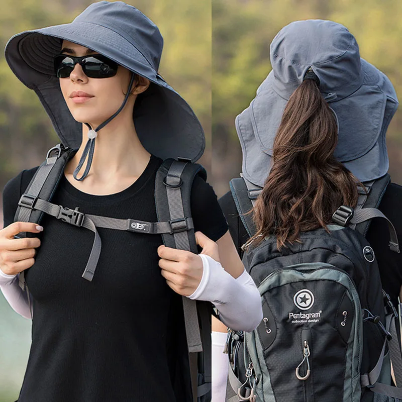 UPF50+ Outdoor Women Sun Hat Wide Brim Fishing Hat with Neck Flap Ponytail Hole