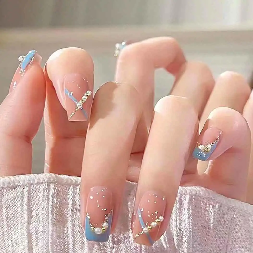 Medium Press on Square Nails French Tips with Pearls Blue Nails Glossy Full Cover Nails for Women