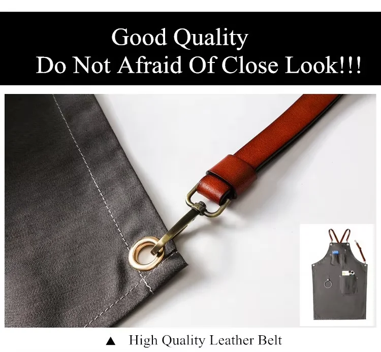 PU Leather Strap Grey Cowboy Mens Cotton Apron Barista Barber Restaurant Floral Grey Customized LOGO Apron