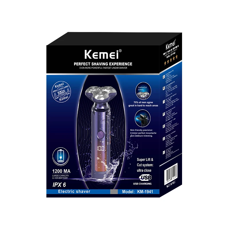 Kemei KM-1941 USB зарядка ЖК-дисплей электробритва уровень 6 водонепроницаемые мужские уход за кожей лица бритва с тройным
