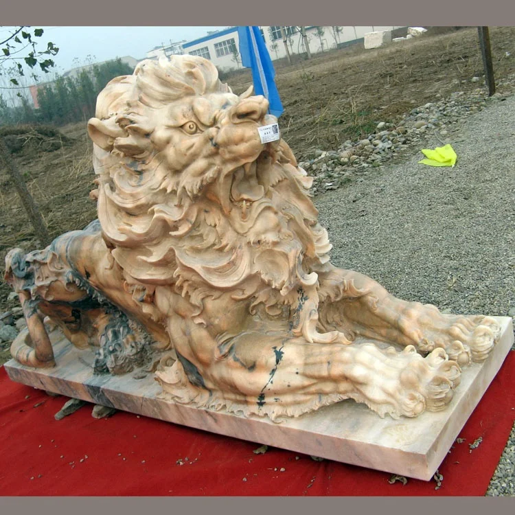 Life size hot selling sunset red marble stone lion sculpture for square bank company