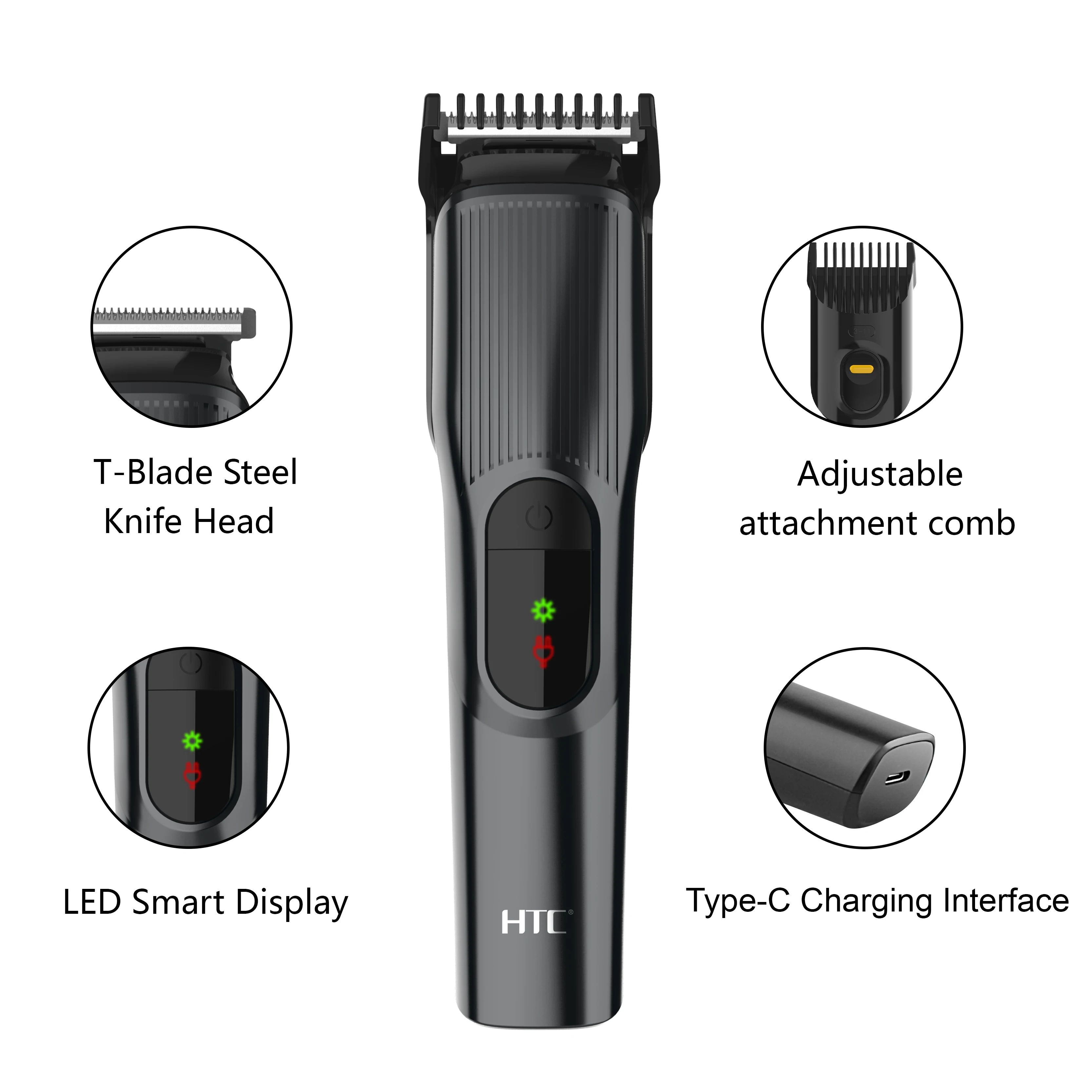 HTC AT-519 Rounded Combs Hair Trimmer Black Lithium Battery Trims Evenly Hair Clipper Trimmer
