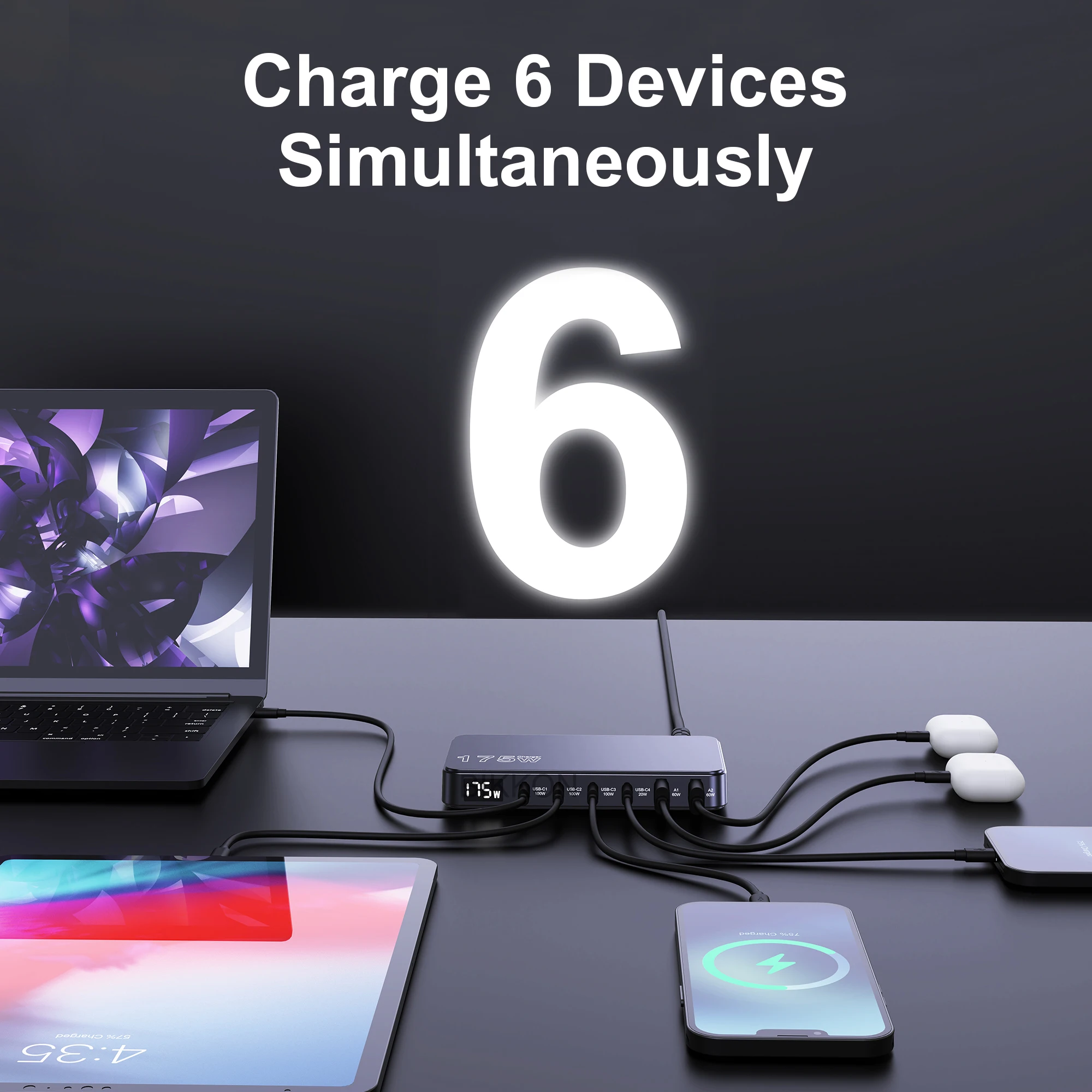 USB C Charger 175W 6 Ports Type C Charging Station Multiple Device 4C2A LED Display PD 3.0 100W Fast GaN Adapter for Macbook pro