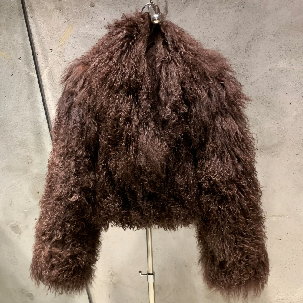 2024 Winter warm fluffy coat mongolian sheep fur jackets women brown fur collar coats
