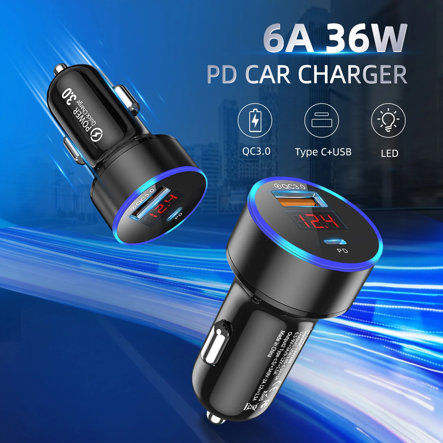 USLION OEM LOGO 36W USB+Type C Car Charger USB Car Charger QC3.0+PD 3.0 Fast Charger Mobile Phone Led Digital Display for iphone