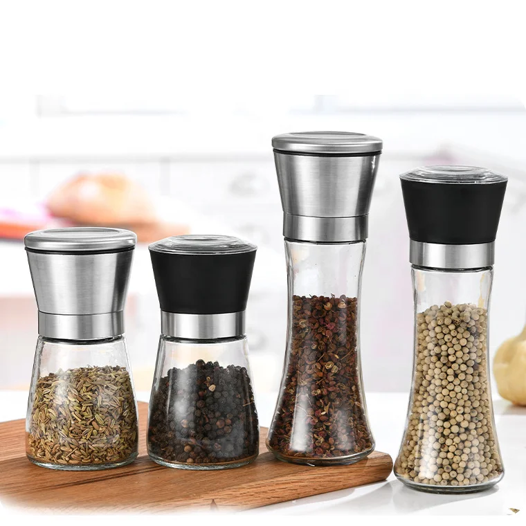 
Adjustable Refillable Manual Tall Spice Mill Shakers Stainless Steel Glass Ceramic Sea Salt Pepper Container Grinder 