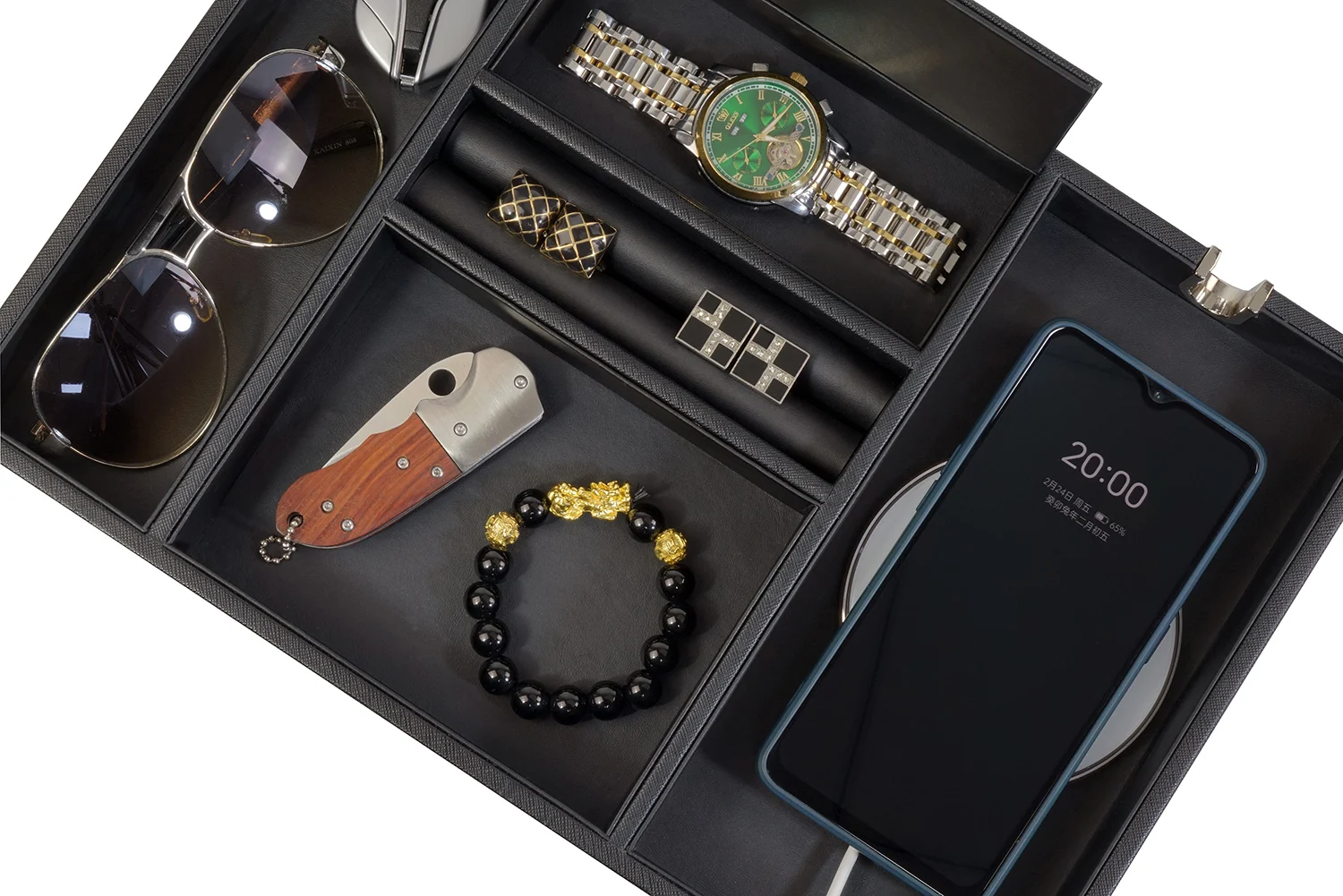 Sonny Black Leather Nightstand Organizer Catchall Dresser Top Storage Mens Valet Tray with 5 Compartments