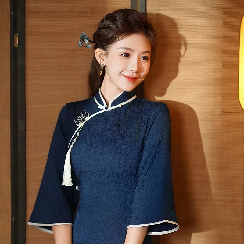 2024 Long Qipao Vestidso Vintage Mandarin Collar Evening Party Dress Girl Daily Evening Party Cheongsam