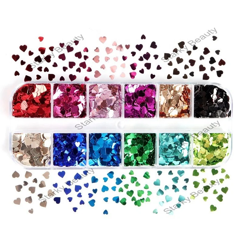 12 Grid Pearlescent 3d New Holographic Glitter Sequins Nail Charms butterfly heart shaped nail art decoration kit