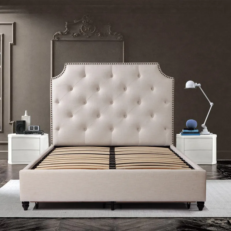 Modern  Design Fabric King Queen Size Room Furniture Upholstered Tufted Bed With Steel Frame